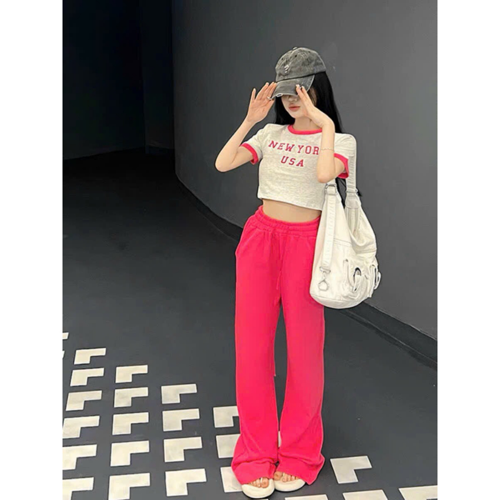 [6,6 Sales Freeship] Set bộ ulzzang phong cách hàn quốc,set thun gân áo croptop tay ngắn in hình mix quần dài ống suôngg