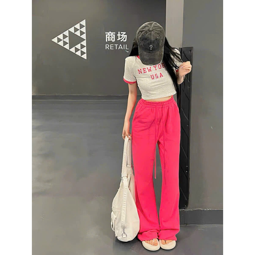 [6,6 Sales Freeship] Set bộ ulzzang phong cách hàn quốc,set thun gân áo croptop tay ngắn in hình mix quần dài ống suôngg