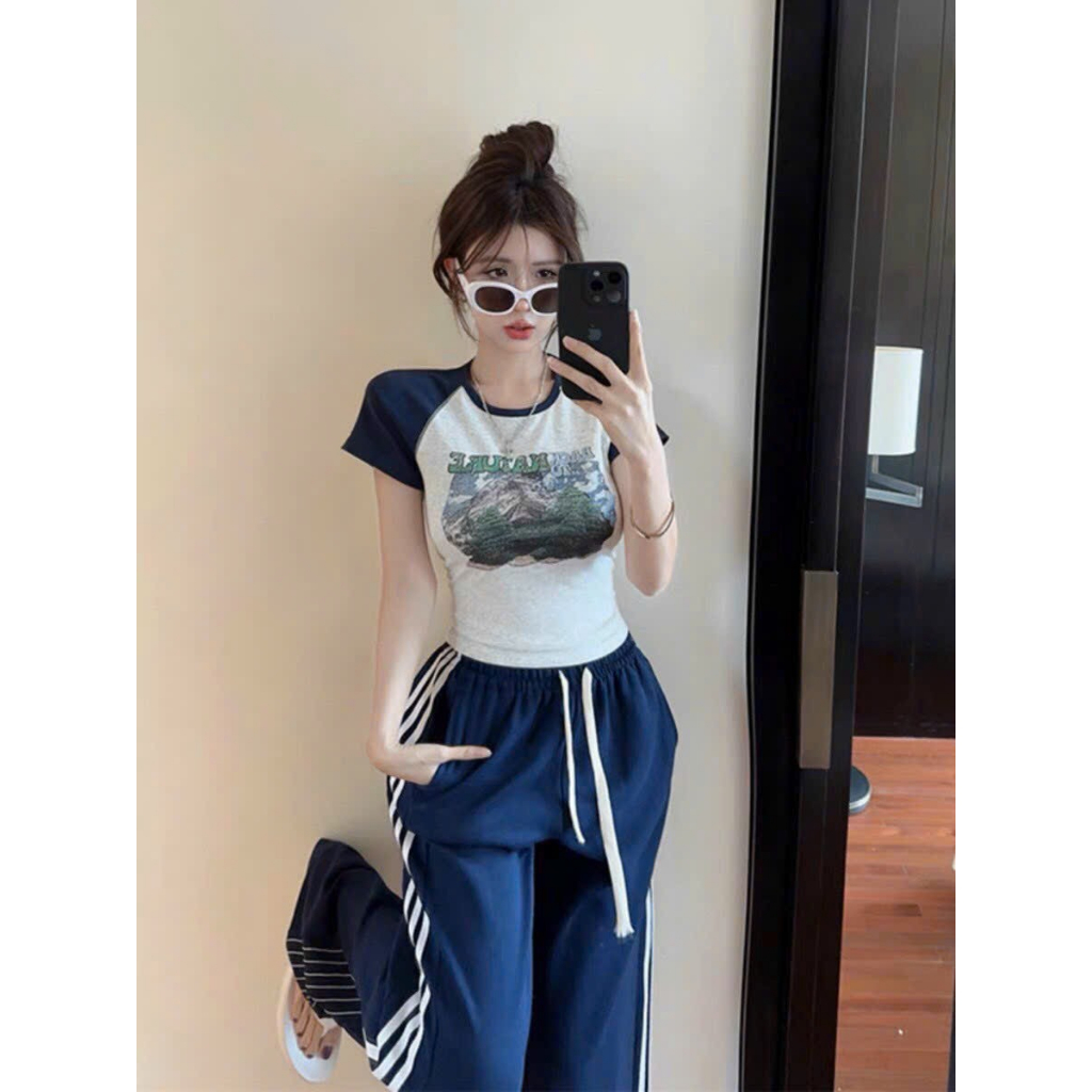 [6,6 Sales Freeship] Set bộ ulzzang phong cách hàn quốc,set thun gân áo croptop tay ngắn in hình mix quần dài ống suôngg