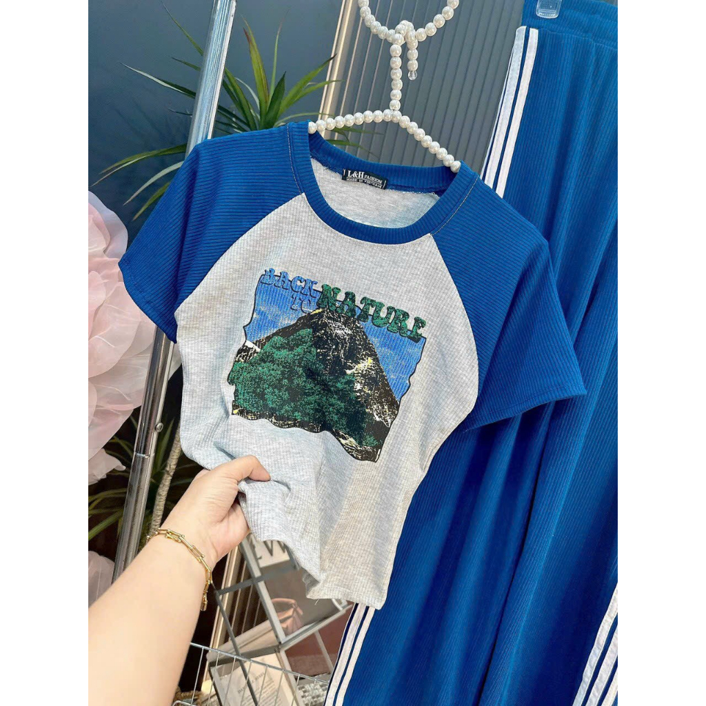 [6,6 Sales Freeship] Set bộ ulzzang phong cách hàn quốc,set thun gân áo croptop tay ngắn in hình mix quần dài ống suôngg