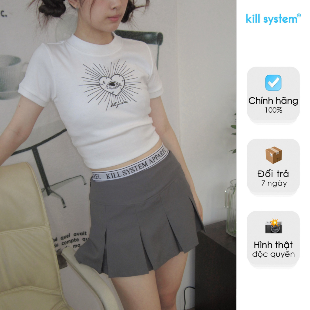 Áo thun croptop Kill System tay ngắn Alina màu trắng thêu hình trái tim chất thun gân co giãn