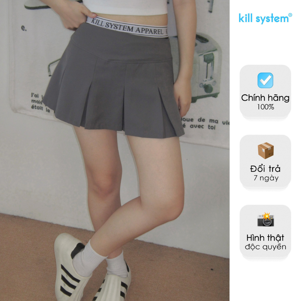 Chân váy ngắn xếp ly Killsystem Jenny mini skirt  phối lưng thun có lót trong màu xám