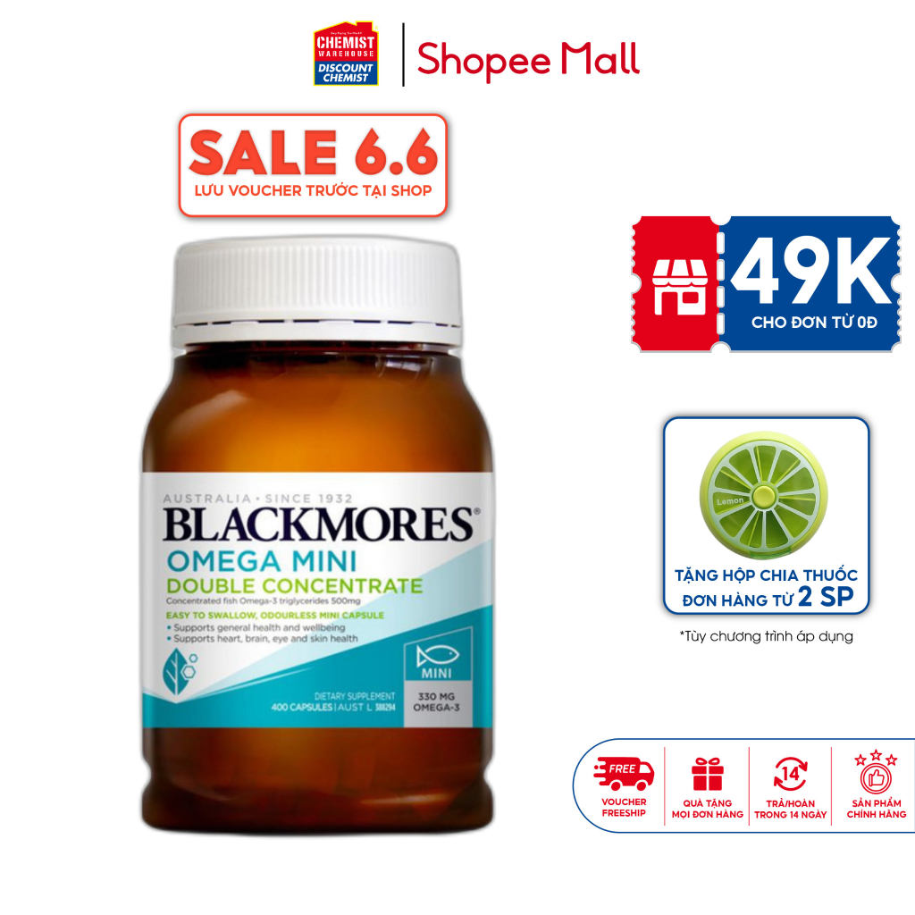 Dầu cá khử mùi tăng cường thị lực Blackmores Fish Oil Mini Caps Odourless 400 viên