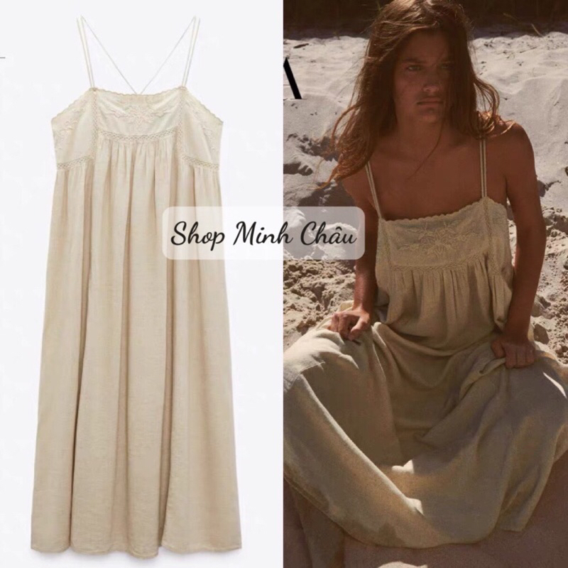 (Sẵn)Váy 2 dây midi chất linen thêu ngực Zarraa