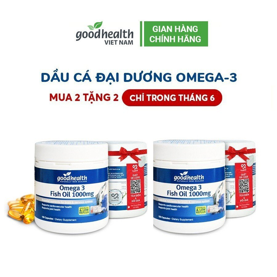 Dầu cá Goodhealth Omega 3 Fish Oil 1000mg hỗ trợ tim mạch, não bộ, thị lực [Combo 2 hộp]