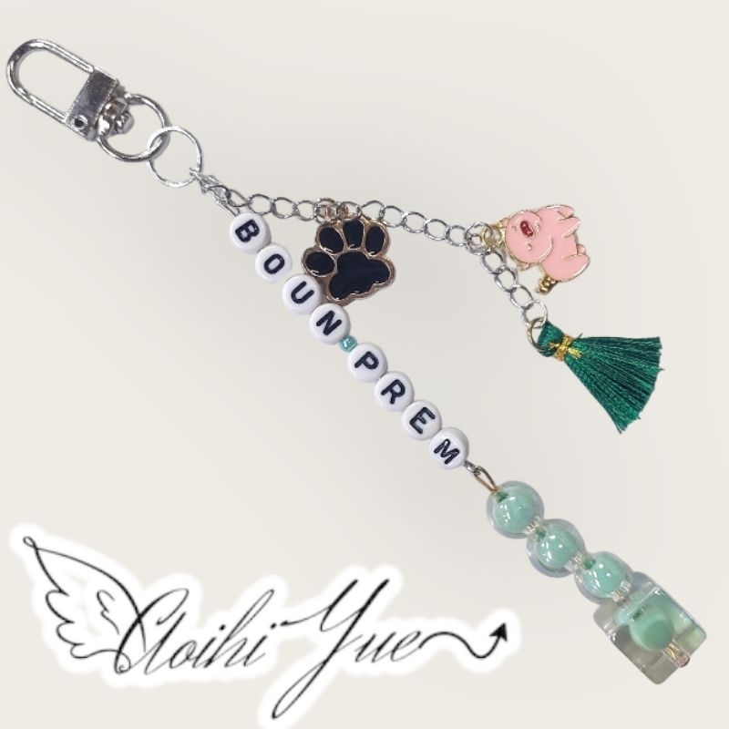 Keychain, Keyring BounPrem màu xanh mint tua rua xanh mini charm chân cún và heo hồng