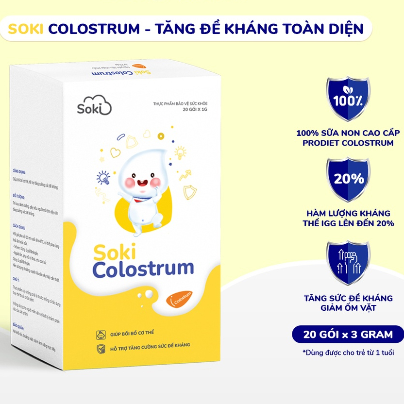 Sữa Non Soki Colostrum Giúp Bé Ăn Ngon, Tăng Cường Tiêu Hóa Tốt, Nâng Cao Đề Kháng Khỏe 1 Hộp x 20gói x 3g