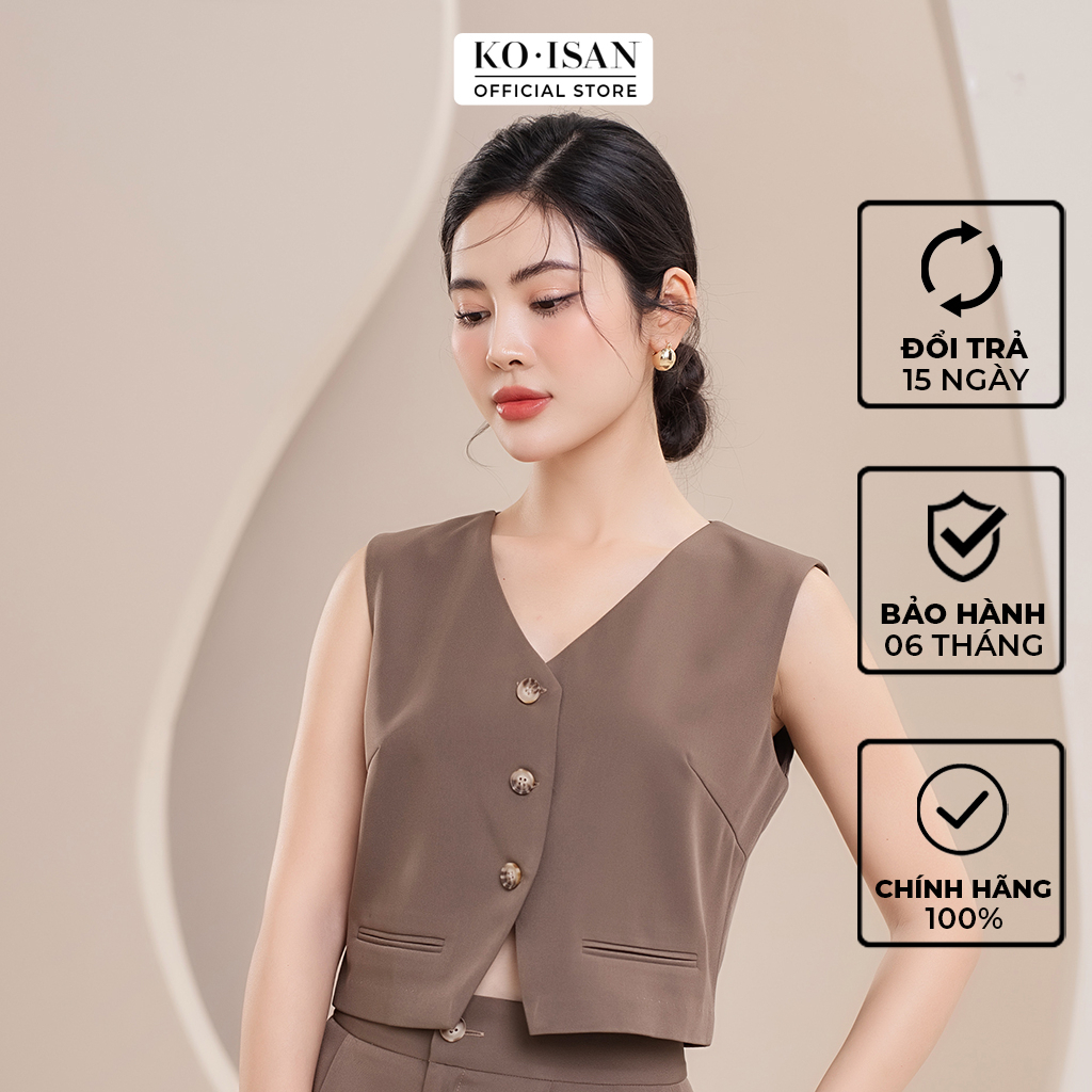 Áo gile nữ sát nách KOISAN cổ tim màu nâu lạnh tôn da S2380519A