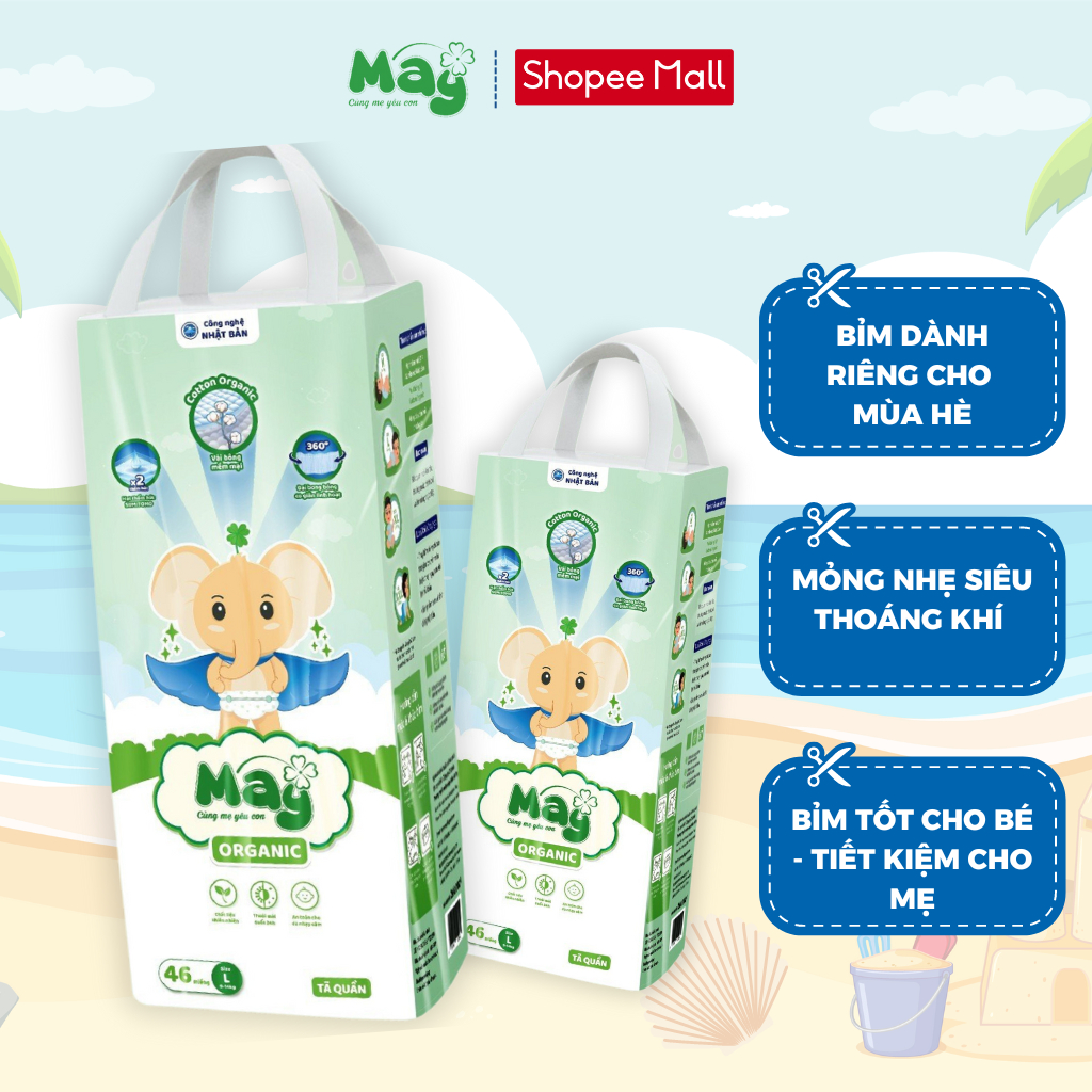 Tã Bỉm Quần Mây Organic Việt Nam Size L ( Mẫu Mới Cải Tiến 2023 ) - Bỉm quần chống hăm siêu mỏng thấm hút cho bé