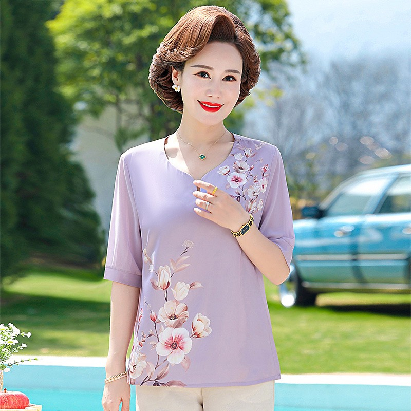 Áo trung niên đẹp[QUÀ TẶNG MẸ YÊU] Áo lụa trung niên in hoa tay voan, Chất liệu lụa mềm mại, Thoáng mát, Sang trọng