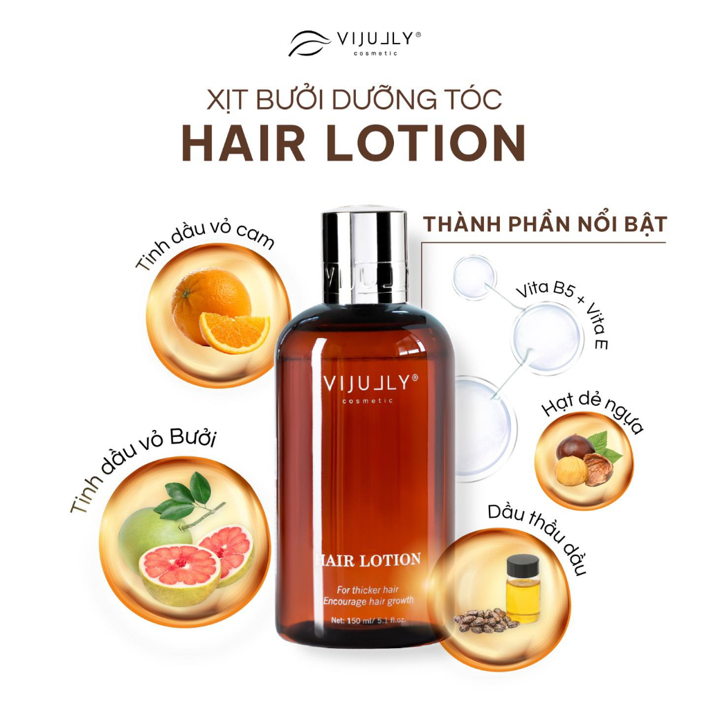 Xịt dưỡng tóc Hair Lotion Vijully 150ml, tinh dầu bưởi kích mọc tóc, ngăn hình thành gàu, giup tóc nhanh dài