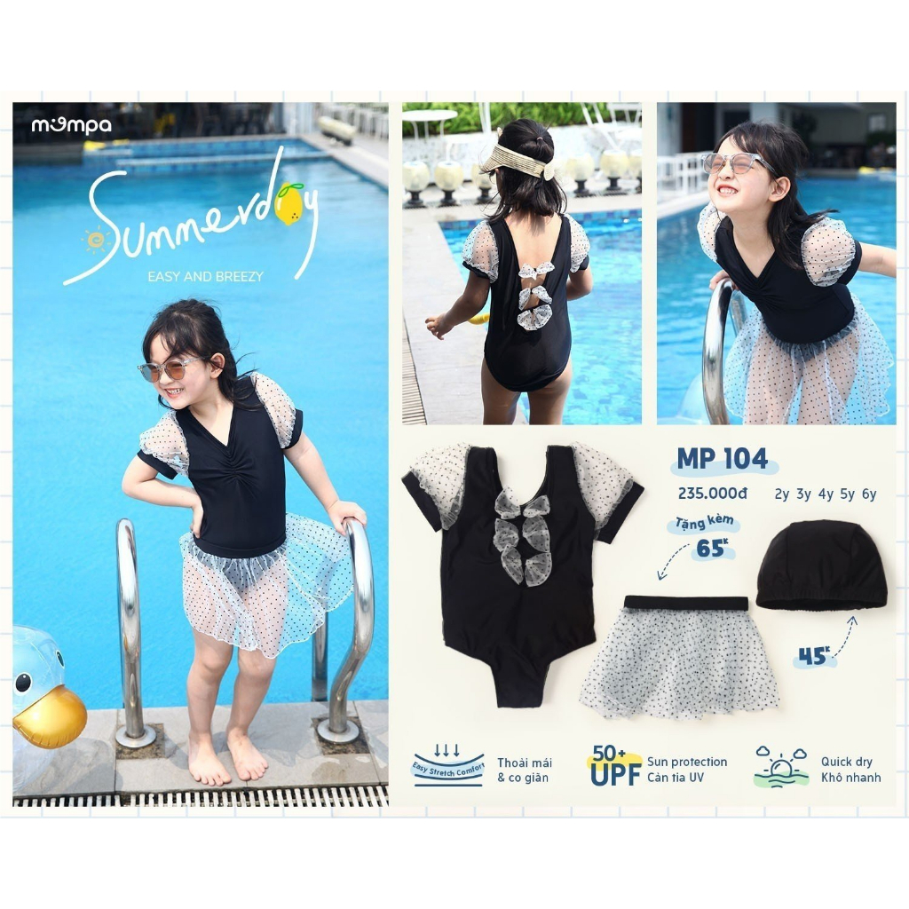 Bộ đồ bơi cho bé gái chống UV tặng kèm mũ bơi Mompa - đủ size cho bé từ 2 - 6 tuổi MP104