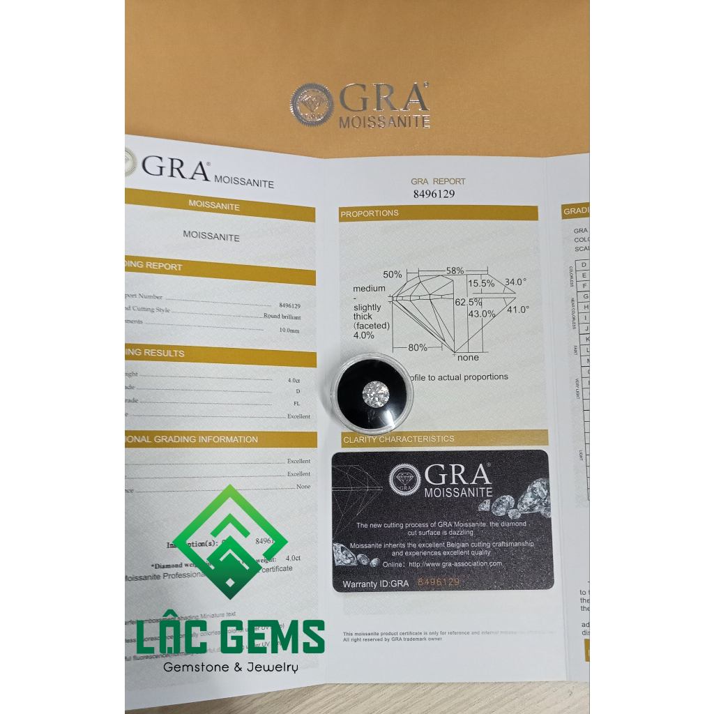 Kim Cương Moissanite Nước D/FL3 , Giấy kiểm định quốc tế GRA, Hàng Mỹ USA
