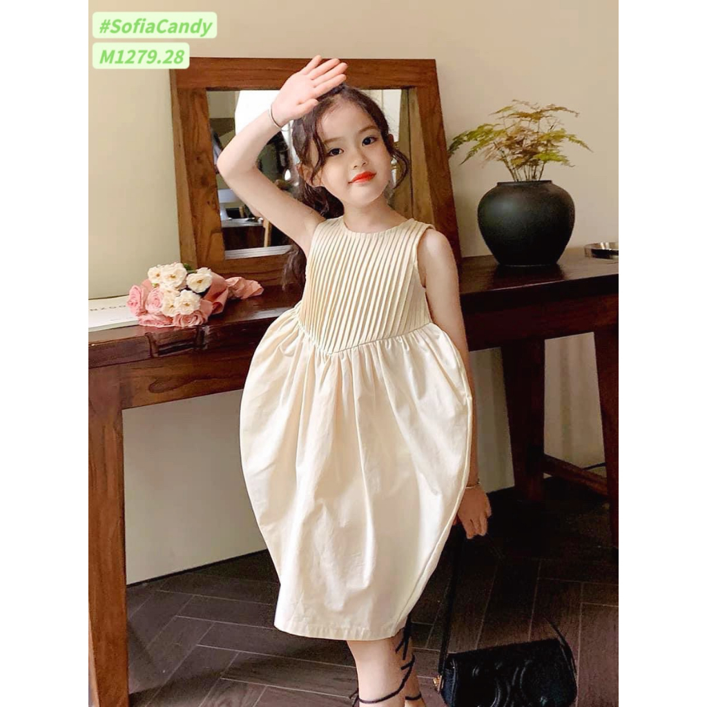 M1279 - Váy kem xếp ly xinh xắn sang chảnh cho bé gái từ 10-38kg ( 1-15 tuổi)