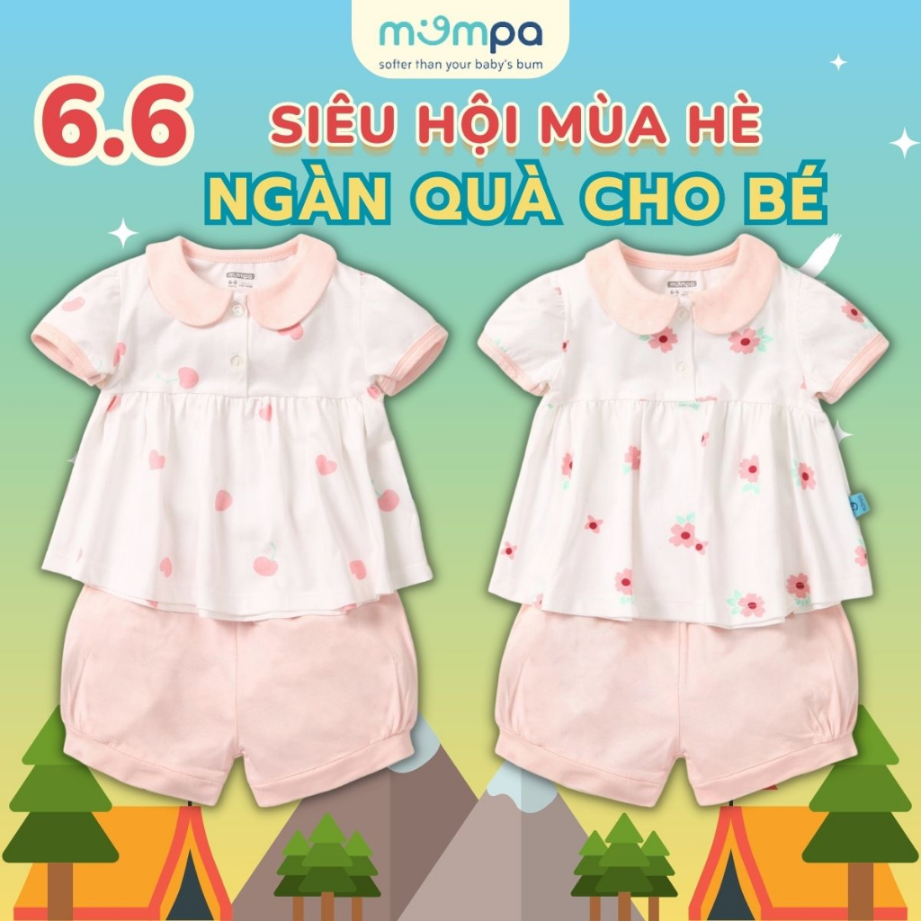 Bộ quần áo cộc tay cho bé gái Mompa 6 tháng - 4 tuổi cúc giữa vải Cotton thoáng mát co giãn thấm hút 618