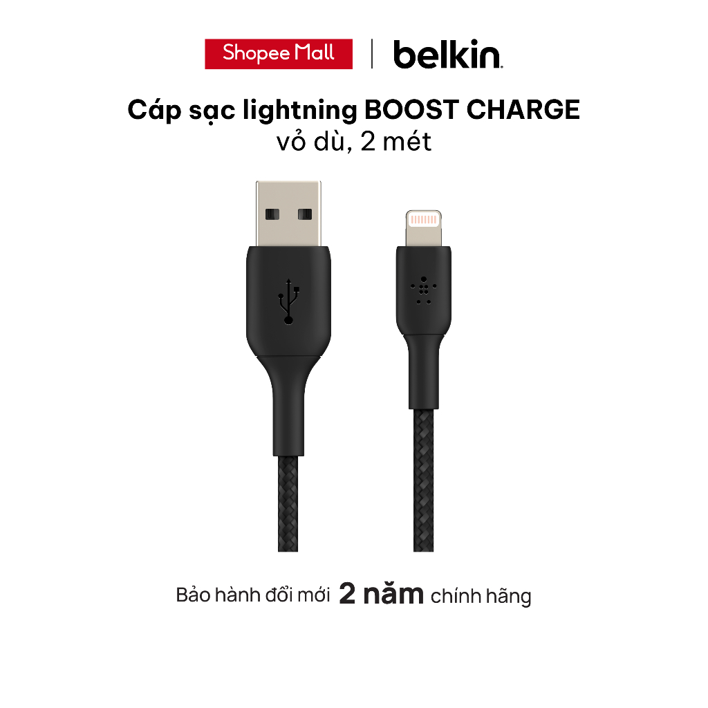 [NHẬP ELMG70K giảm tối đa 70K] Cáp lightning Belkin BOOST CHARGE vỏ dù chứng chỉ MFi 2m 12W