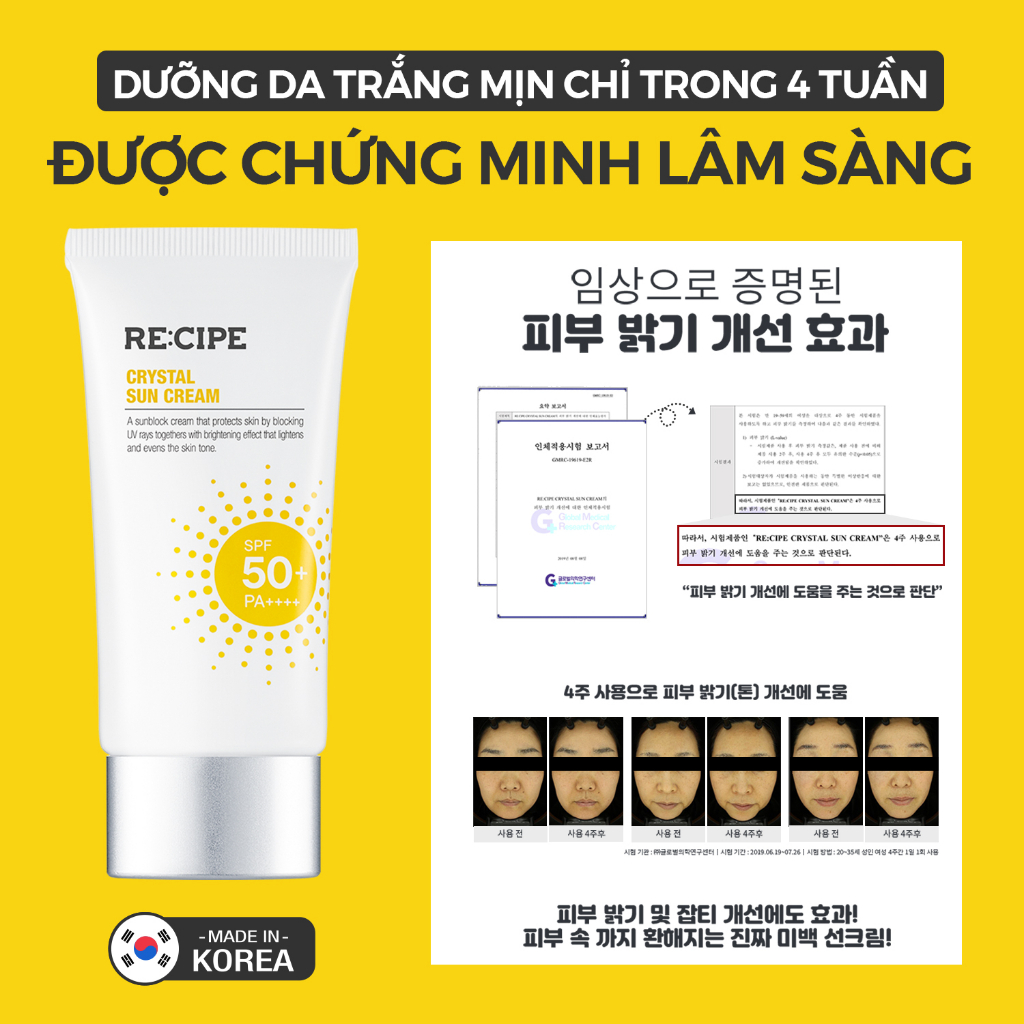 Kem chống nắng dưỡng trắng nâng tone RECIPE Crystal Sun Cream SPF50+ PA++++ 50ml