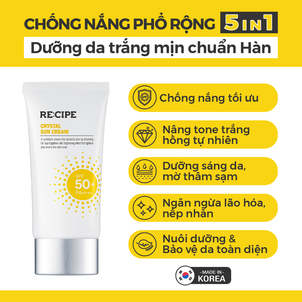 Kem chống nắng dưỡng trắng nâng tone RECIPE Crystal Sun Cream SPF50+ PA++++ 50ml