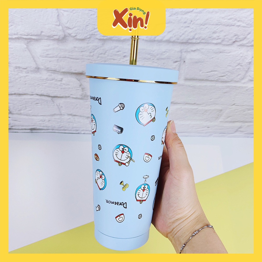 Ly giữ nhiệt Gấu Dâu 750ml, cốc giữ nhiệt inox 304 tặng kèm ống hút inox và cọ rửa ống