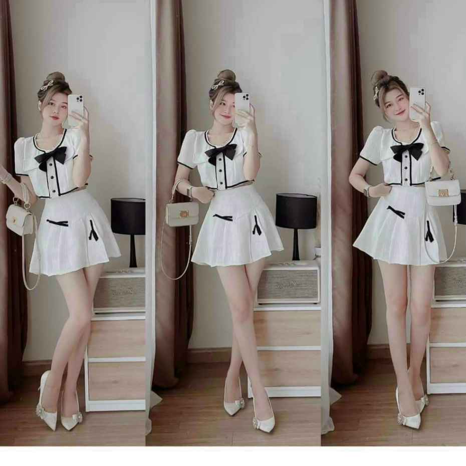 Set đầm váy nữ áo kiêu croptop cài nút đính nơ viền mix chân váy xếp ly sang chảnh dành cho các nàng đi chơi,hẹn hò xinh