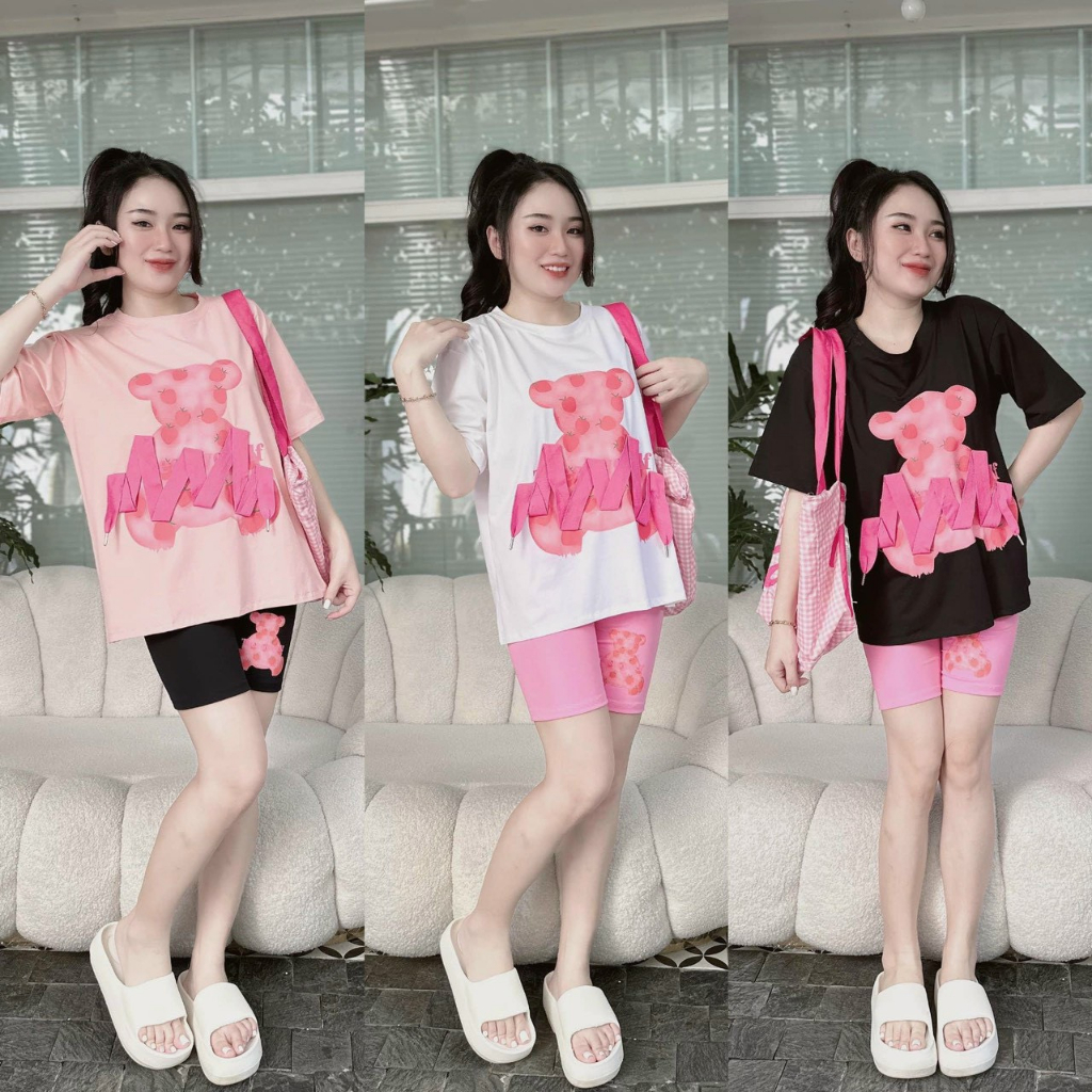 Set đồ bộ nữ áo phông đan dây mix quần ôm lửng hình gấu xinh xắn dành cho các nàng dạo phố, đi chơi siêu đáng yêu, cute.