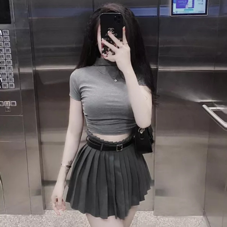 Set Chân Váy Chữ A Xếp Ly 2 Lớp Và Áo Thun Croptop, Tôn Dáng, Cotton, Dày Dặn, N352