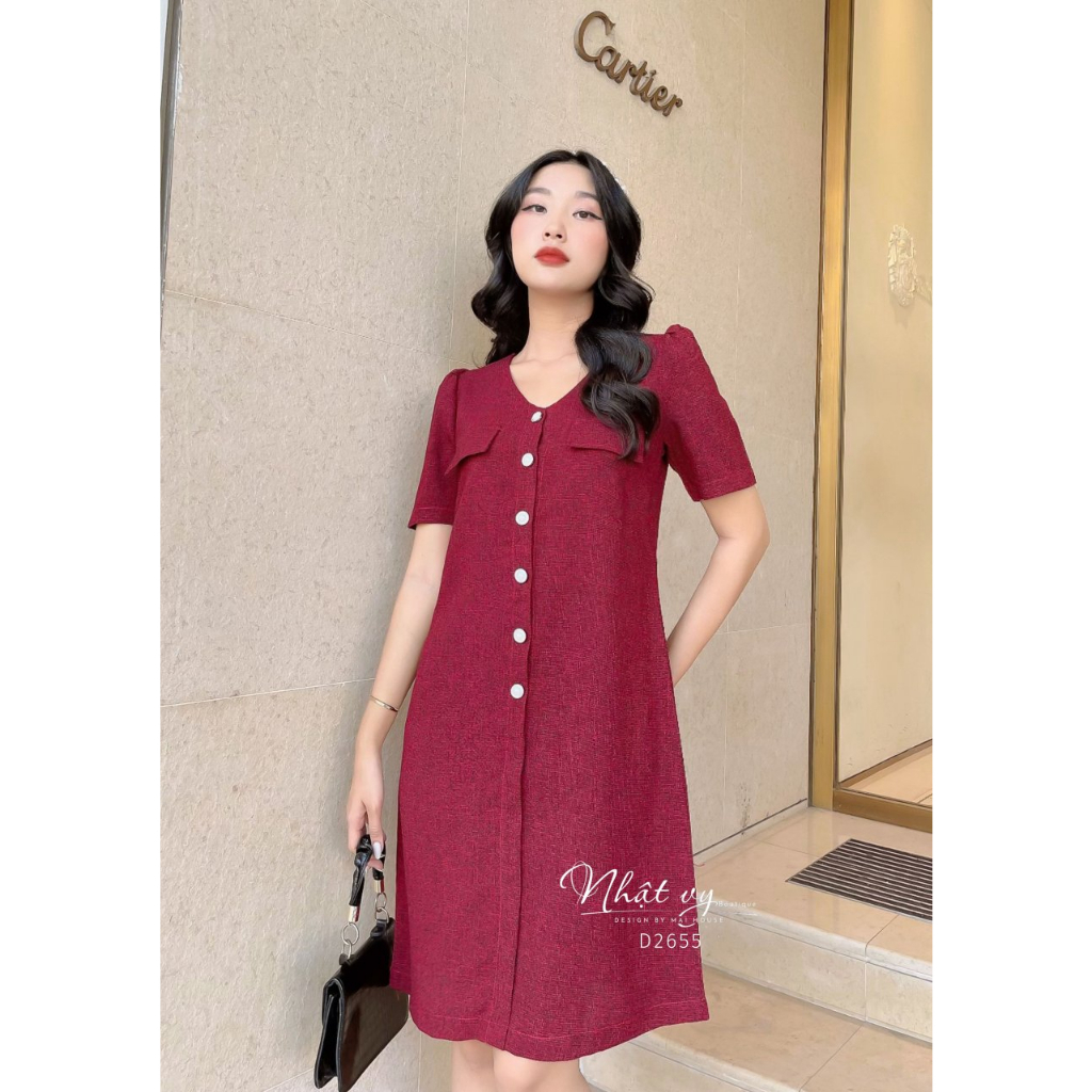 Đầm bầu công sở Maihouse dáng suông cổ tim phối túi chất dạ cao cấp phù hợp đi tiệc - D2655