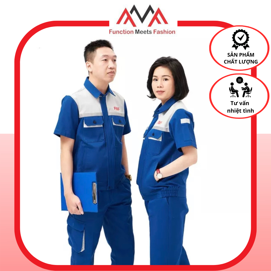 Quần áo bảo hộ lao động FMF, đồng phục cho kỹ sư, kỹ thuật nam, nữ màu xanh phối  dày dặn bền bỉ thoáng mát khi sử dụng