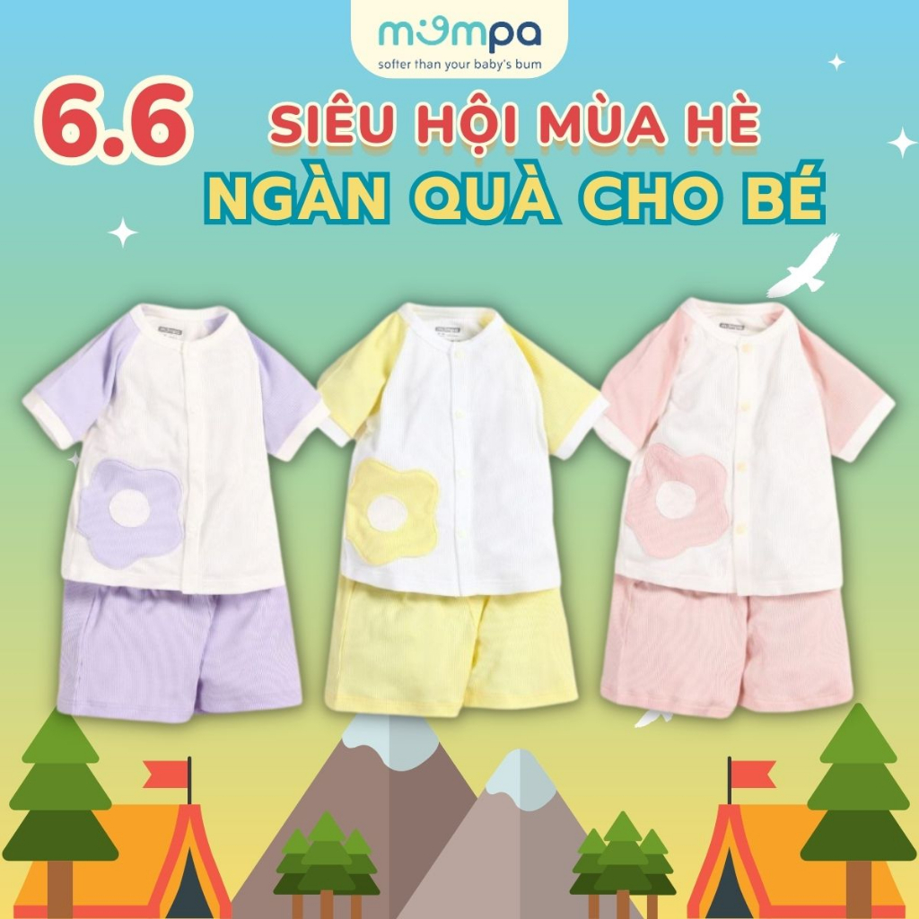 Bộ quần áo sơ sinh cho bé Mompa 0-9 tháng cộc tay cúc giữa vải sợi tre Bamboo tăm thoáng mát co giãn thấm hút 229