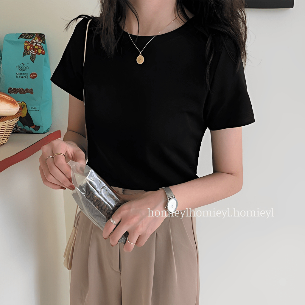 Áo thun nữ trơn cổ tròn cộc tay ngắn dáng vừa trắng Homieyl basic cao cấp, áo phông trơn nữ ôm body cotton đen đẹp | BigBuy360 - bigbuy360.vn