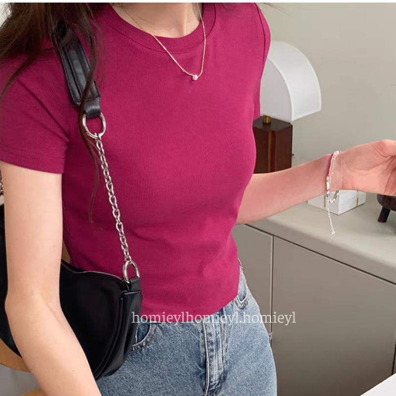 Áo thun nữ trơn cổ tròn cộc tay ngắn dáng vừa trắng Homieyl basic cao cấp, áo phông trơn nữ ôm body cotton đen đẹp | BigBuy360 - bigbuy360.vn