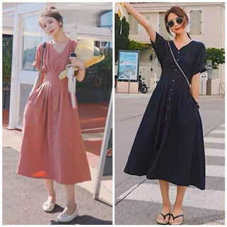 Đầm cổ v xếp li eo 2 màu