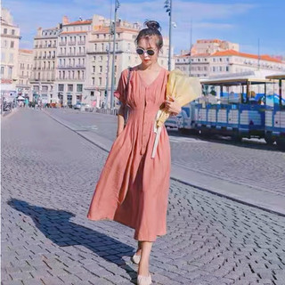 Đầm cổ V xếp li eo 2 màu (kèm hình thật)