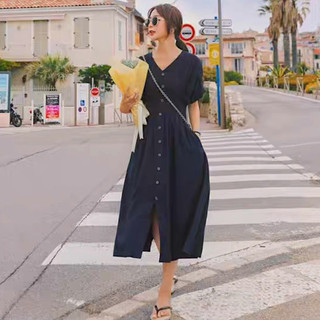 Đầm cổ V xếp li eo 2 màu (kèm hình thật)