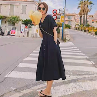 Đầm cổ V xếp li eo 2 màu (kèm hình thật)
