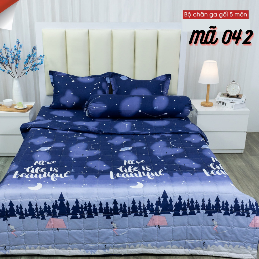 (Giá sỉ) 😍 Bộ 5 món Chăn hè Ga Gối - DRap Giường Poly Cotton bo chun miễn phí😍- Đủ size - Màn Đêm tuyết, Mickey,...