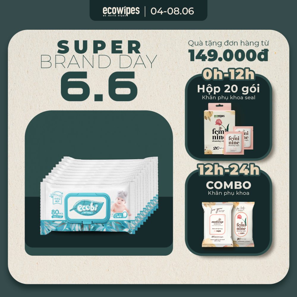 Combo 10 gói khăn giấy ướt cho bé Ecobi gói 80 tờ không mùi không cồn không paraben an toàn cho da của bé