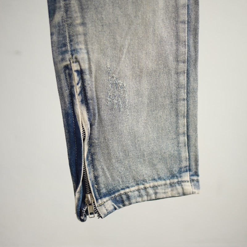 Quần jean nam ziper streetwear cao cấp BEAR STREETWEAR,màu xanh sáng,form slimfit ống,vải denim không co giãn