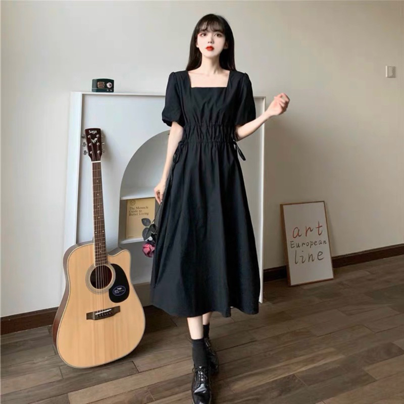 Đầm đen cổ vuông form dài rút eo (kèm hình thật)