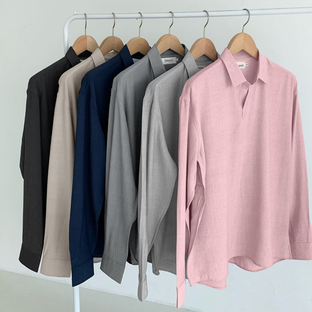 Áo sơ mi basic linen chữ V có cổ form rộng hàn quốc,chất vải đứng form,thấm hút mồ hôi tốt - SEOUL
