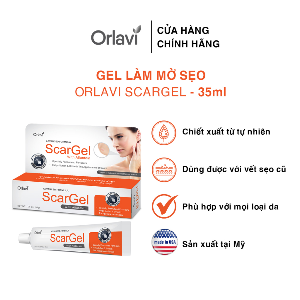 Gel làm mờ sẹo Orlavi Scargel 35ml - giúp mờ sẹo mụn, sẹo phẫu thuật, sẹo bỏng, sẹo thâm, sẹo cũ