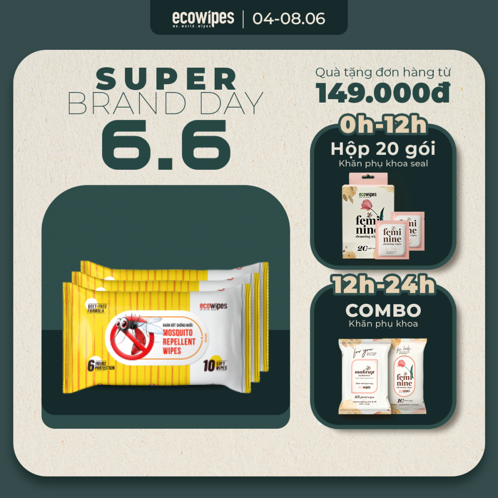 Combo 03 gói khăn giấy ướt chống muỗi đốt EcoWipes gói 10 tờ giúp làm sạch vết mẩn ngứa vừa chống muỗi đốt lên đến 6h