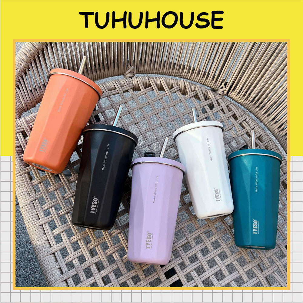 Ly bình giữ nhiệt khắc tên TYESO 600ml inox 304 cao cấp không gỉ, ly cốc giữ nhiệt có ống hút tiện lợi