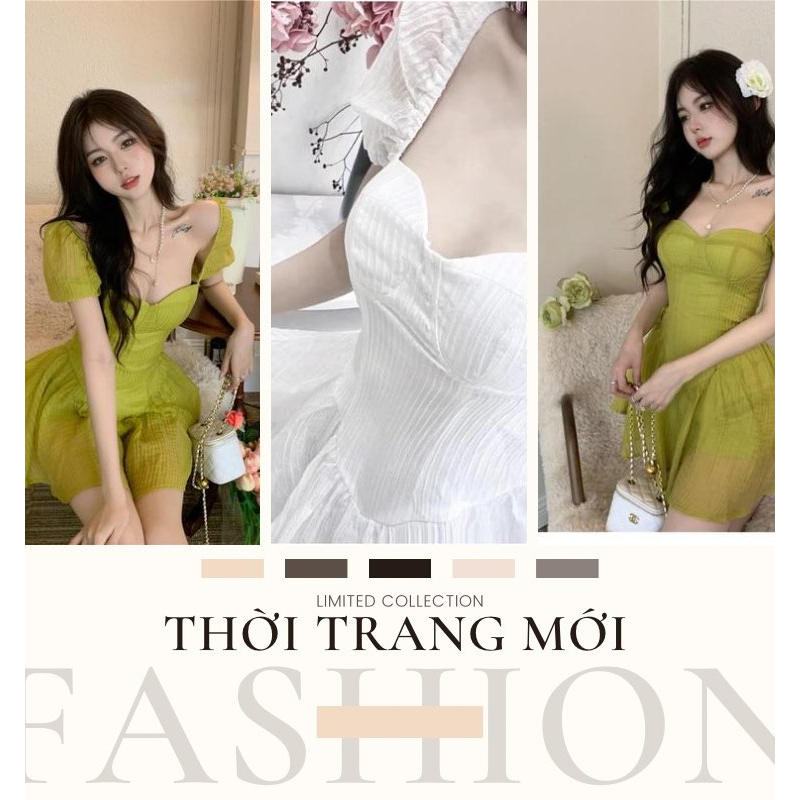 Đầm Tay Ngắn Dáng Xòe Cup Ngực, Váy Cổ Vuông Tay Bồng Siêu Hot