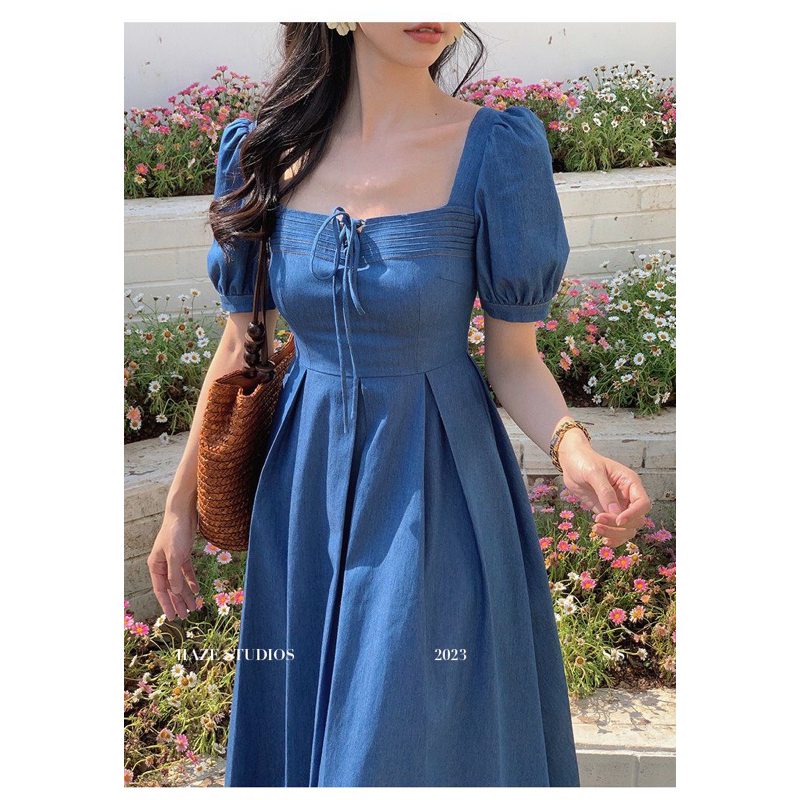 (CÓ SẴN) VÁY DENIM MIDI DÁNG XOÈ CỔ VUÔNG SIÊU XINH