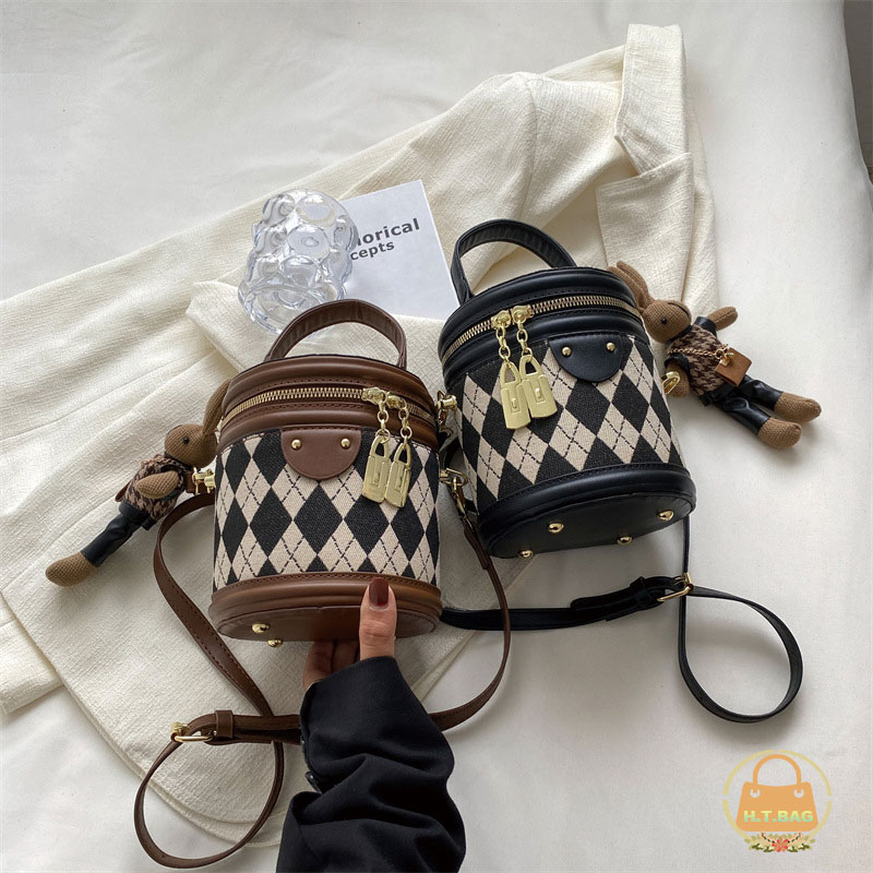Túi xách nữ đeo chéo tròn thời trang có khóa kéo cổ điển  Túi Bucket hình thoi đan vintage túi đeo chéo