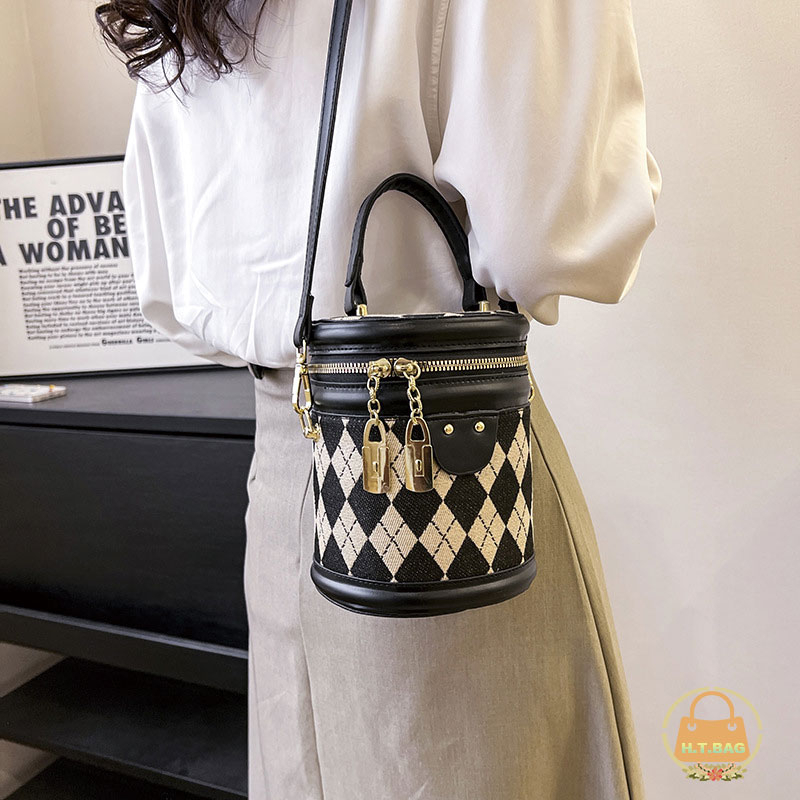 Túi xách nữ đeo chéo tròn thời trang có khóa kéo cổ điển  Túi Bucket hình thoi đan vintage túi đeo chéo