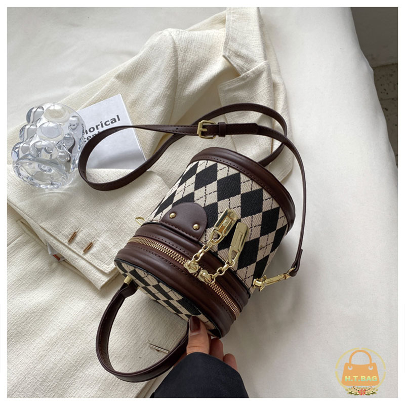 Túi xách nữ đeo chéo tròn thời trang có khóa kéo cổ điển  Túi Bucket hình thoi đan vintage túi đeo chéo