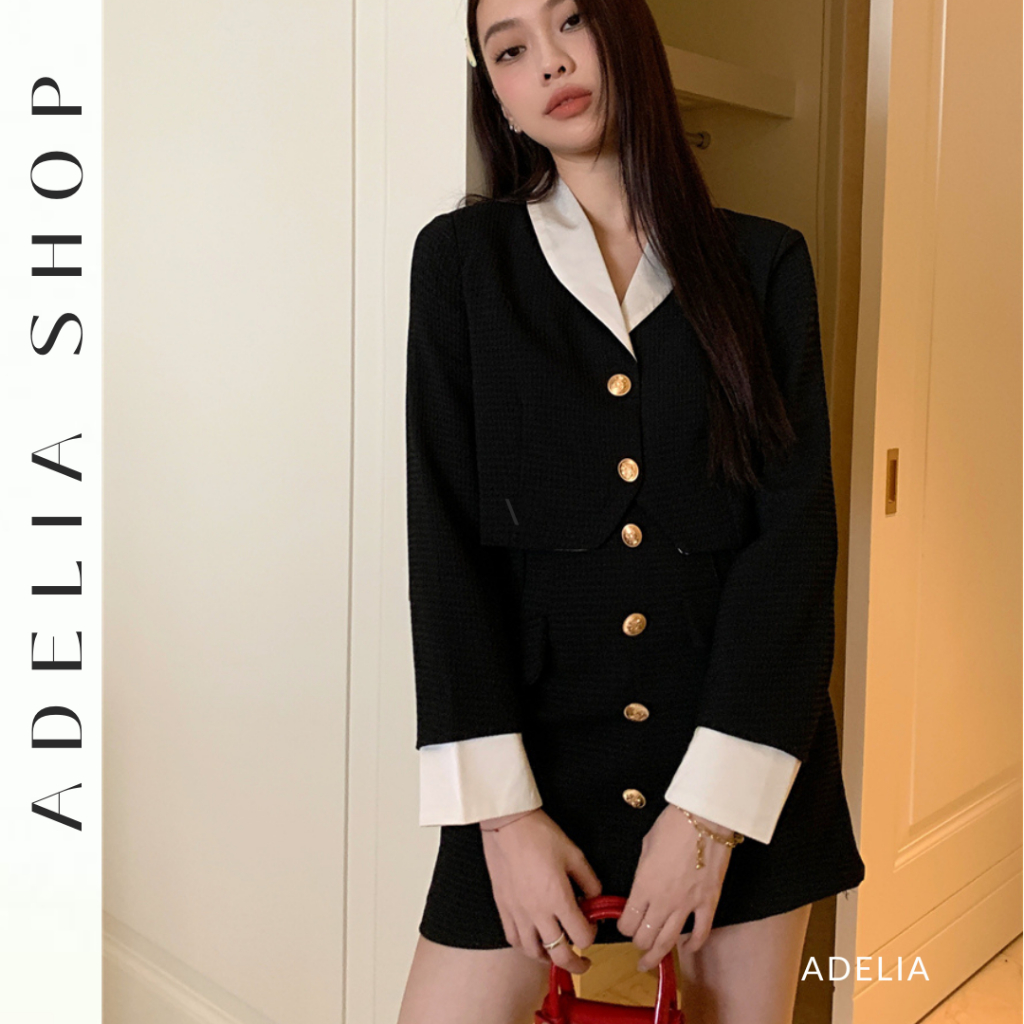 「ADELIA」Set Dạ Tiểu Thư Màu Đen Gồm Áo Khoác Dạ Đen Phối Tay Trắng Và Chân Váy Ngẵn Chữ A 2 Lớp