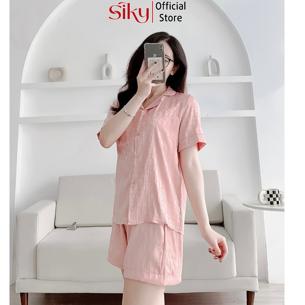 Bộ ngủ gấm cộc tay nữ SIKY kiểu dáng pijama chất lụa gấm mặc nhà siêu mát - BN11